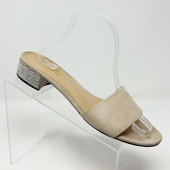 Schutz Beige Tan Neutral Leather Slip On Sandals with Rhinestones Size 11 - Picture 1 of 10